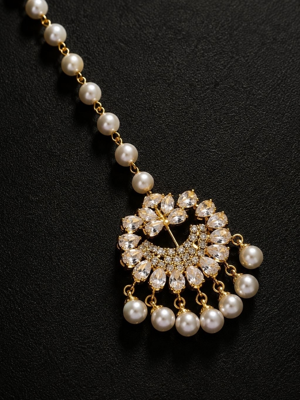 Gold Pearl Teardrop Maang Tikka Hair Jewelry - Picture 6 of 7